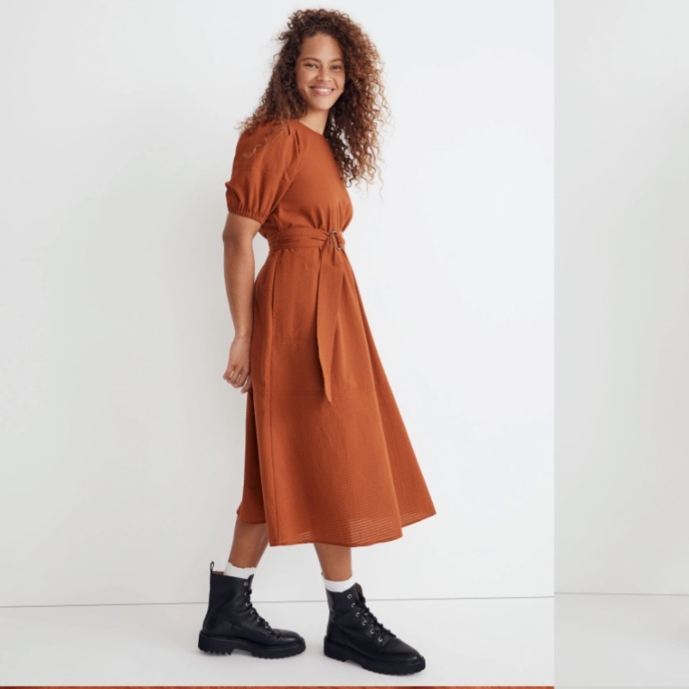 Madewell seersucker puff sleeve belted midi dress size xs like new